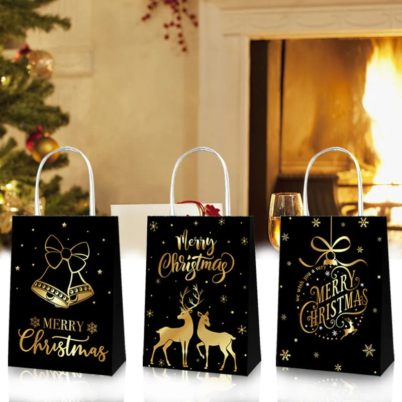 Black bronzing square bottom shopping bag Christmas themed party gift supplies Santa elk kraft paper gift bag