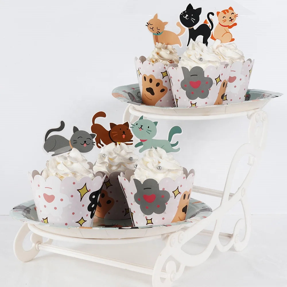 Birthday Party 2 Claw Cat Children's Theme Disposable Cutlery Party Favorite Set Cat Cake Wrapping Paper Children's Birthday Party Decoration Cake Top