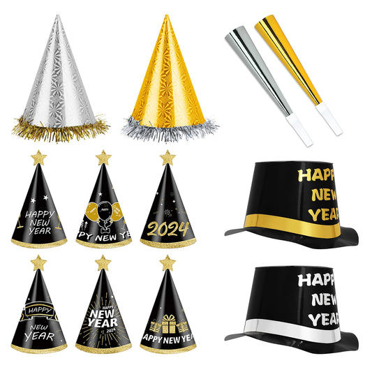 48 Silver Black Gold New Year's Hats Noise Maker 2025 New Year's Eve Party Favorites Photo Gifts 2025 New Year's Hats &amp; Trumpets 