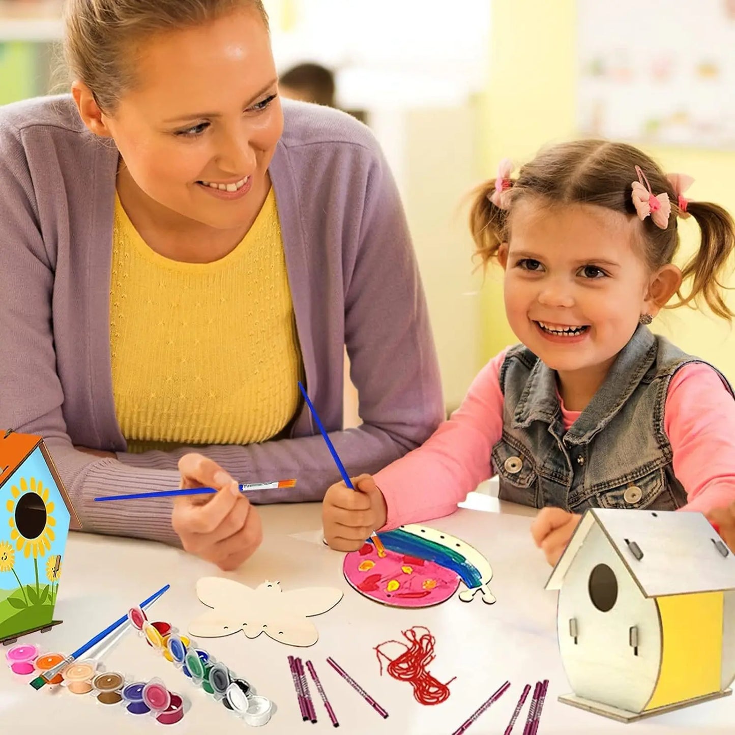 Pet festival DIY plywood paints and brushes bird house crafts include building and painting personalized bird house wind chimes kit