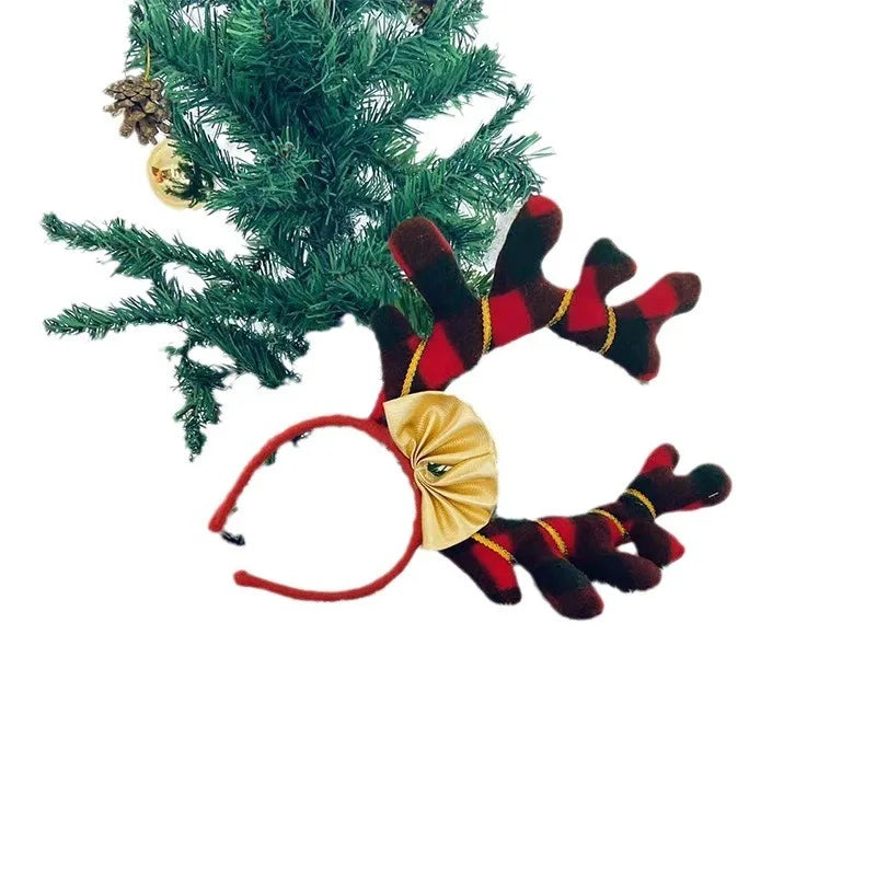 Enfeites de Natal para crianças e meninas, faixa de cabeça com chifres de alce, acessórios de cabelo de plástico dourado 