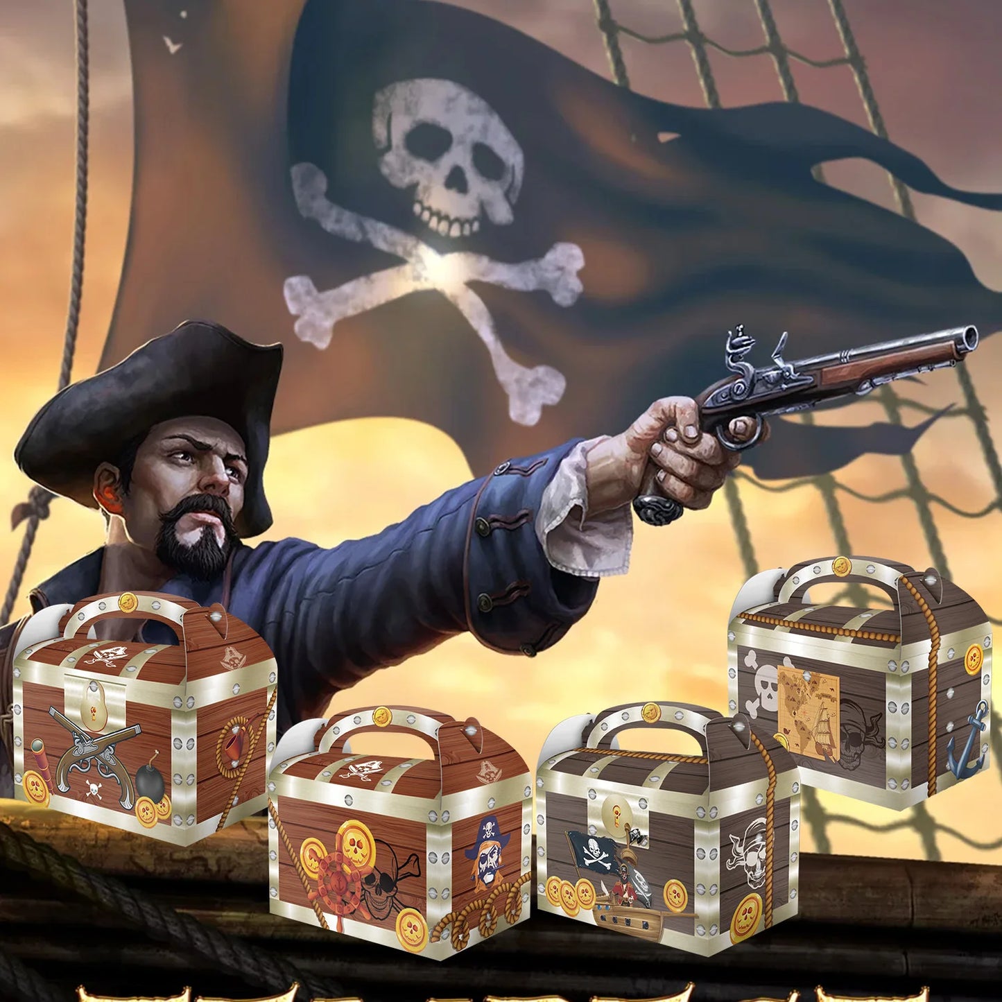 Festa de aniversário 2 peças Sacola de papel de aniversário Tema pirata Festa Caixa de doces personalizada Presente Decoração de festa de aniversário Piratas do Caribe Sacola de presente 