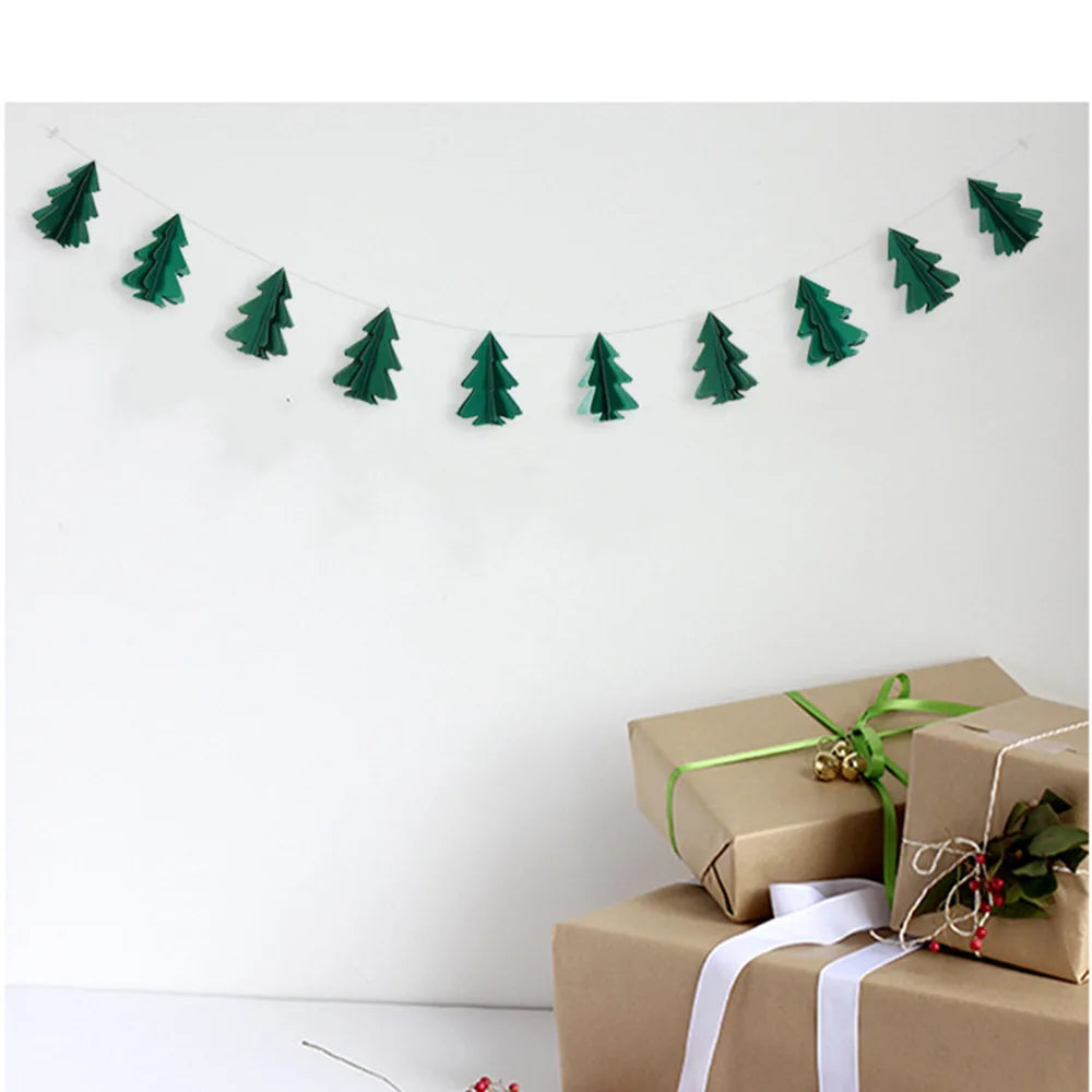 Fita de papel para árvore verde 3D de 2,5M, 10 peças, decoração de guirlanda de floresta de Natal, suprimentos para festa, pendurado, fundo de banner de árvore de Natal 