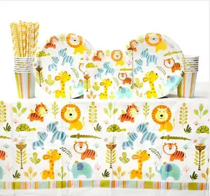 Birthday Party 2 Baby Shower Children's Birthday Party Supplies Jungle Animal Paper Hat Board Cup Napkin Banner Forest Animal Paper Cutlery Set