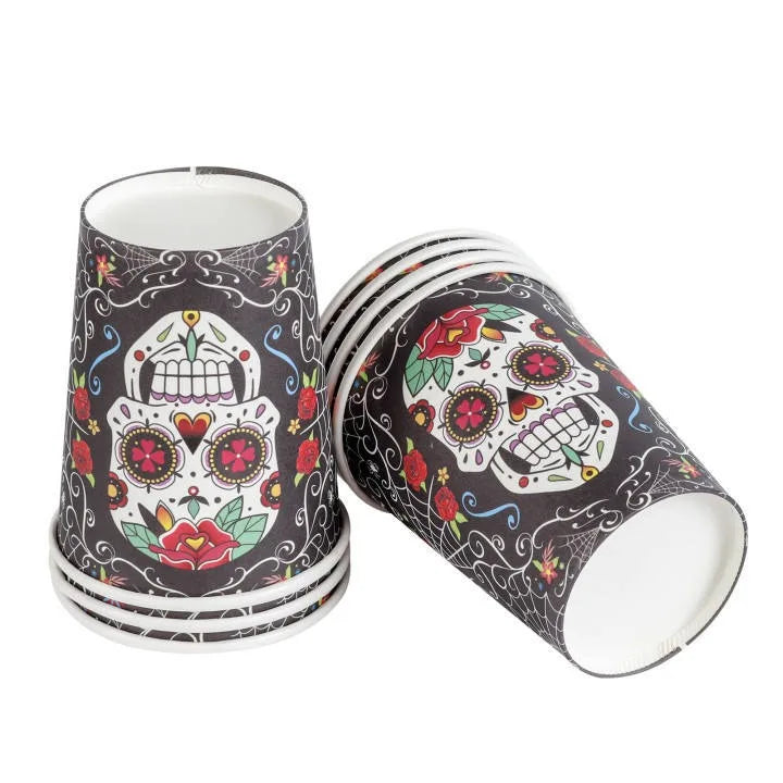 Halloween & Day of the Dead 16 Guests Multicolor Dead Candy Skull Black Charger Set Carnival Party Supplies Halloween Disposable Cutlery Set