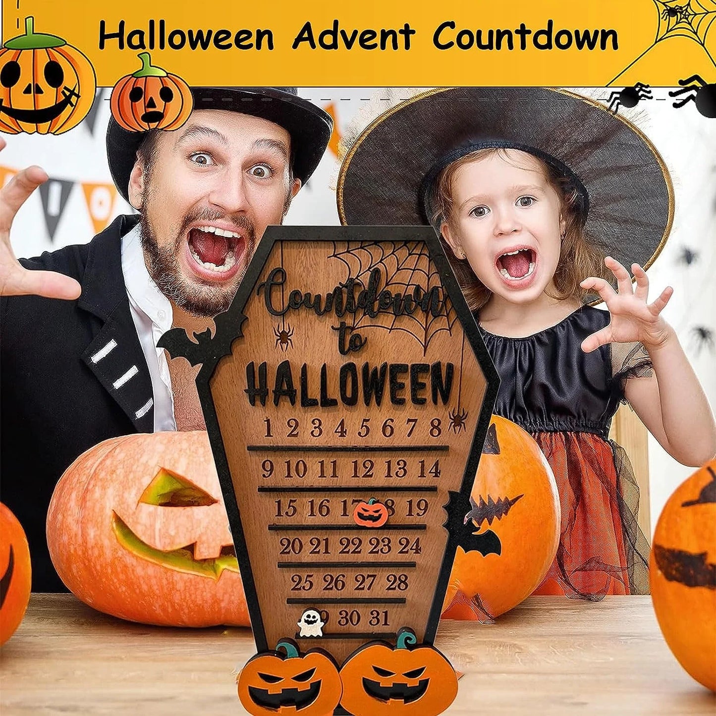 Contagem regressiva para Halloween e Dia dos Mortos, faça você mesmo, celular de madeira, contagem regressiva para Halloween, placas de contagem regressiva para Halloween, morcego, abóbora 