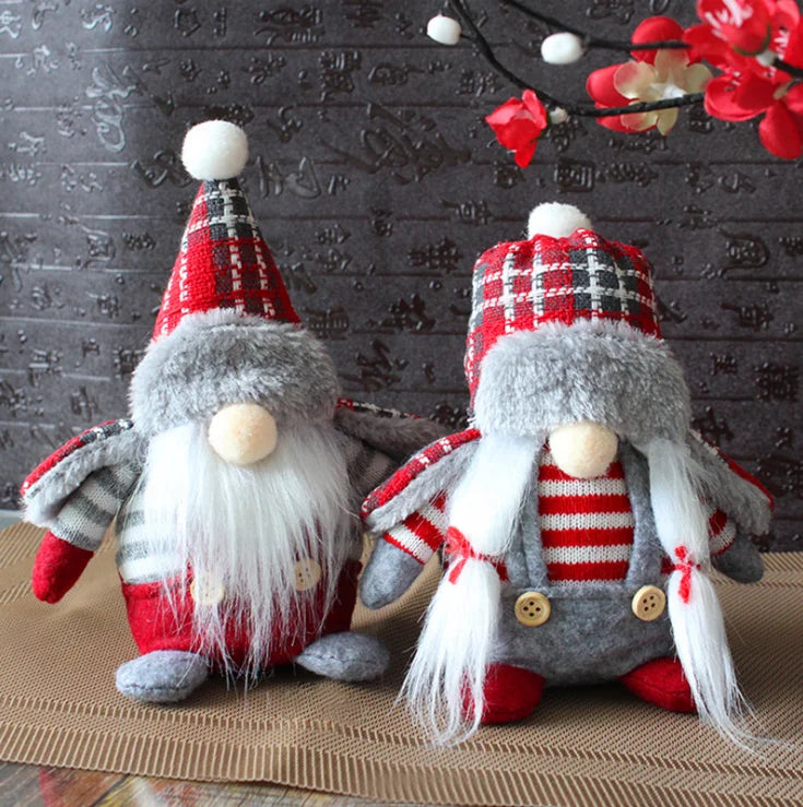 Christmas Standing Faceless Doll Ornament Handmade Plush Red and White Plaid Cloth Dwarf Santa Claus Dwarf Ornament