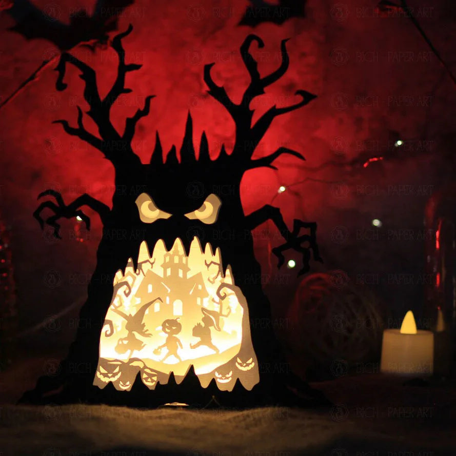 Halloween & Death Day Custom Party Novelty 3D Paper Carving Shadow Light Shaped Ghost Tree Halloween Party Table Decoration