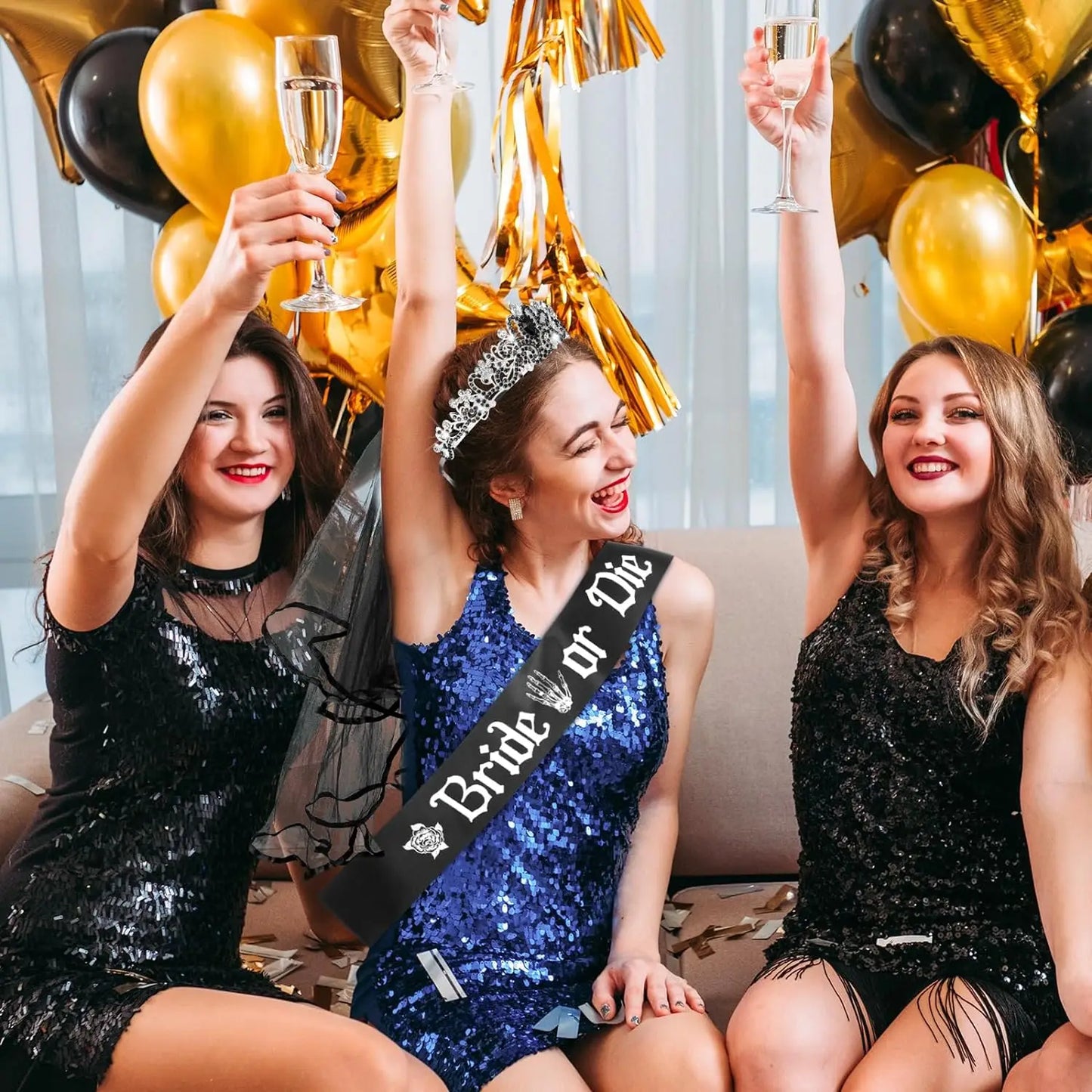 Bachelorette Party 1 Pafu 3pcs Black Bridal or Death Veil Belt Bachelorette Party Ornaments Gothic Rose Headband Bridal Shower Crystal Crown