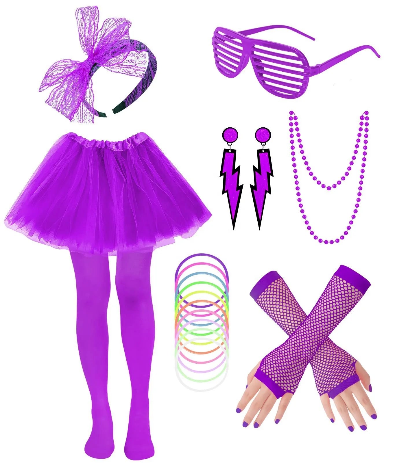 Girls Children's Clothing Accessories Neon Necklace Blinds Glasses Earrings Fishnet Gloves Leggings Skirt Set