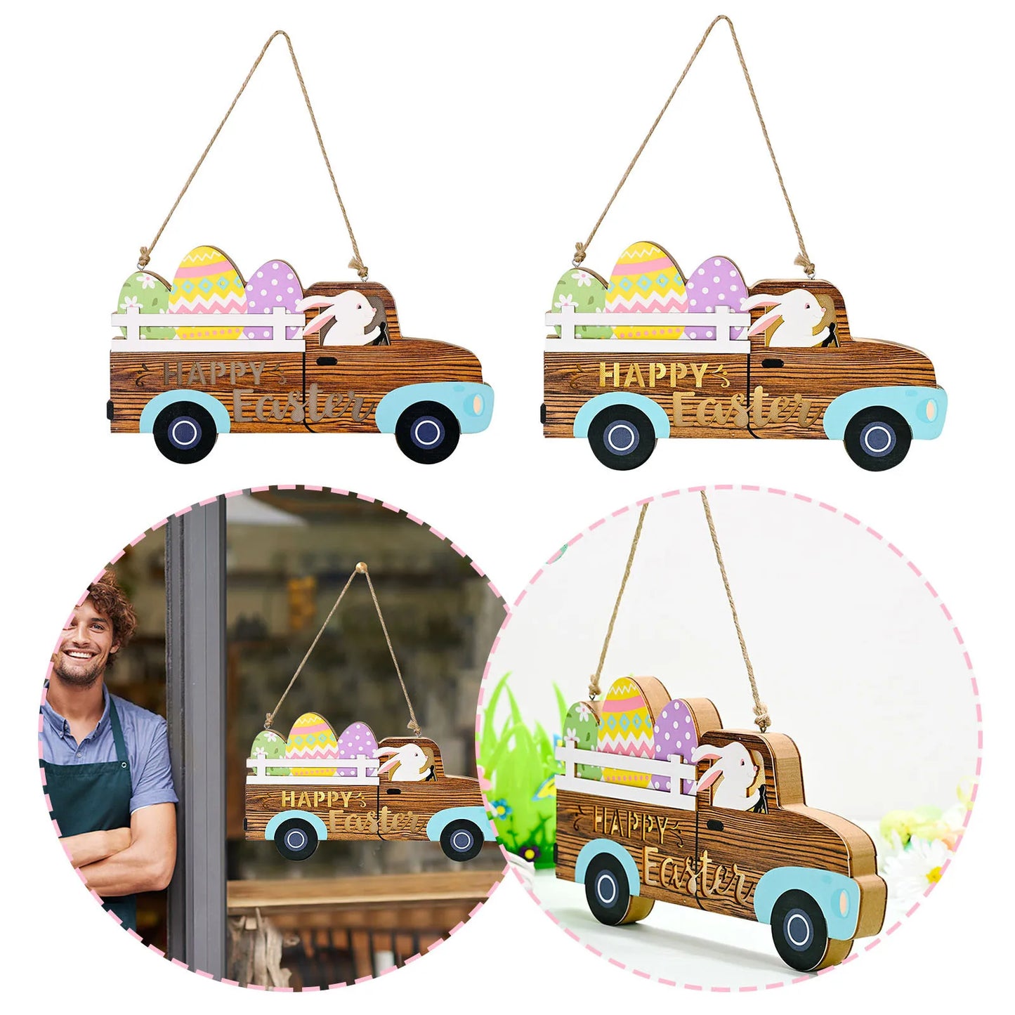 Easter and Thanksgiving 3 Decorative Wooden Car Egg Rabbit Home Decorative Dining Table Party Decorative Easter Pendant