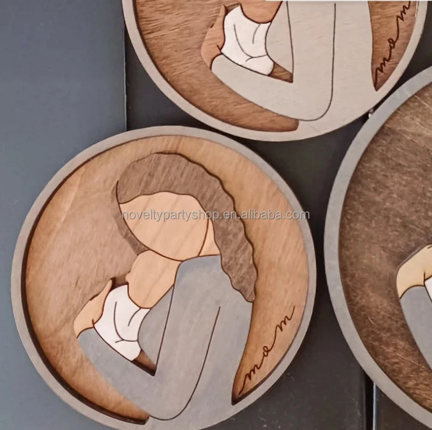 Novelty custom wood laser cutting engraving round gift mom 3D line art