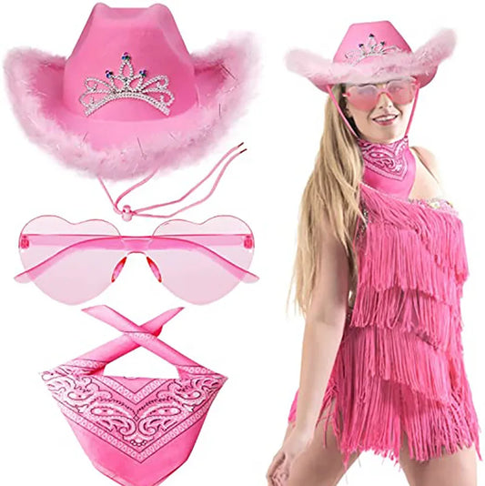 Wholesale 3pcs Hot Pink Halloween Costume Set Pink Felt Cowboy Hat with Headgear and Feather Headscarf Sunglasses