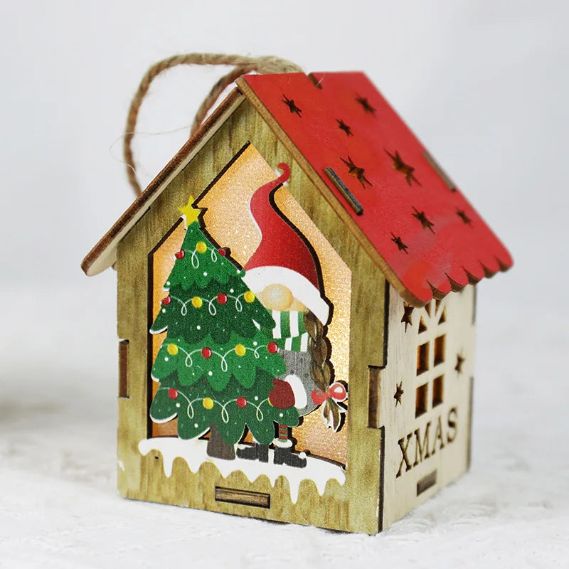 Christmas Tree Ornament Light Emitting Diode Yeti Colorful House with Candle Light Christmas Light Emitting Diode Wooden Gnome Doll Pendant 