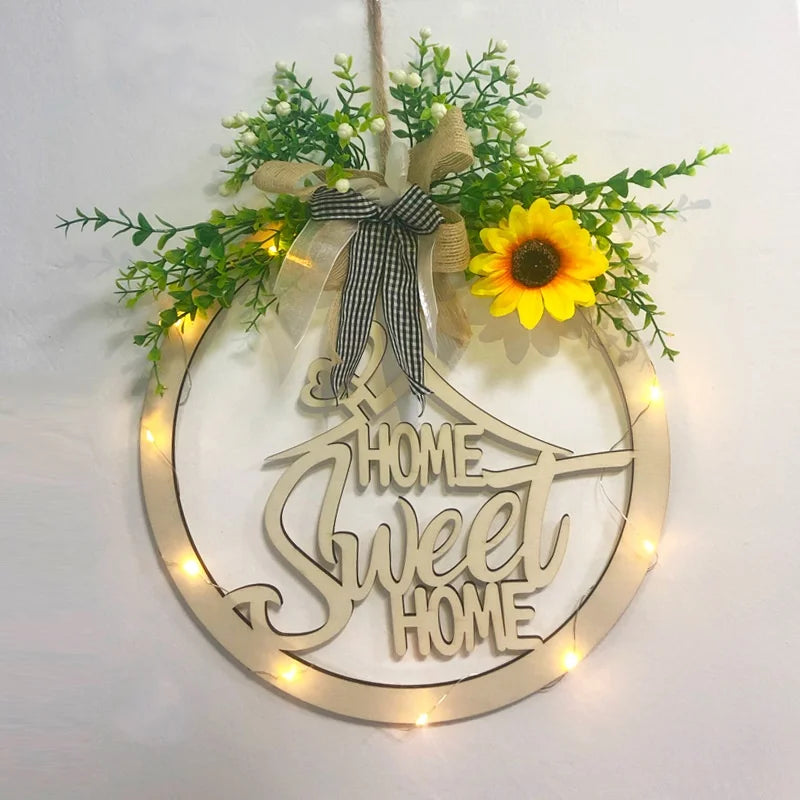 New Christmas Hollow Wreath with Light Wooden Signs Home Decoration Welcome House Number Christmas Wooden Round Door Decoration 