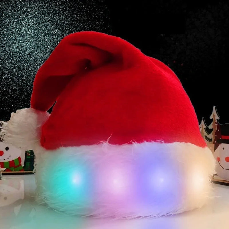 Christmas Hat with Light Emitting Diode Red Christmas Plush Santa Hat Custom Holiday Party Hat