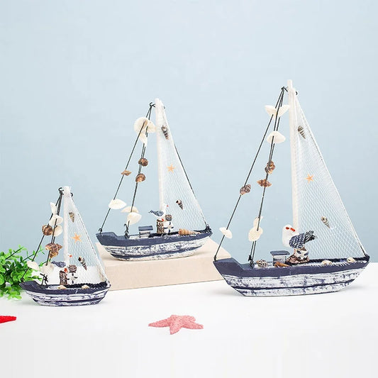 Wooden Crafts, Mediterranean Style Home Decor Wooden Accessories Blue and White Shell Yacht Vintage Crafts Gift Ornament