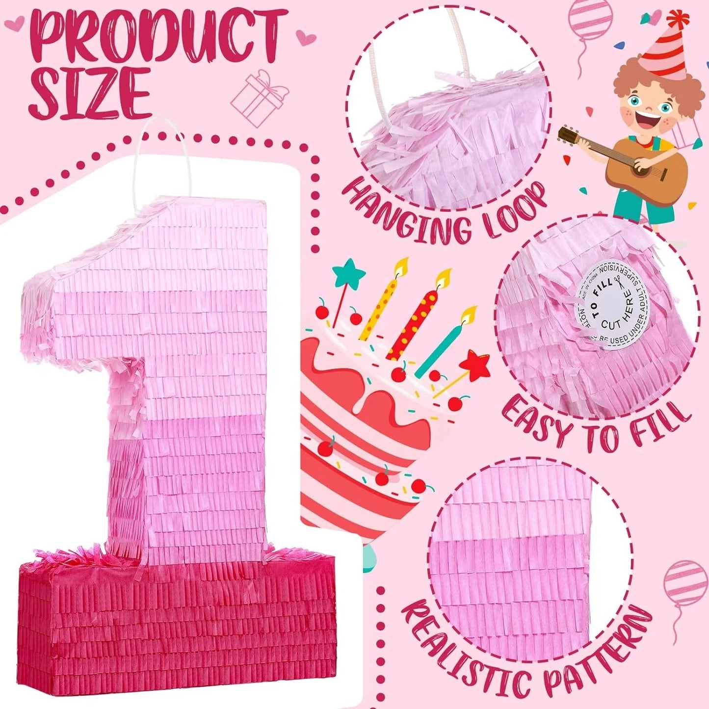 Birthday Party 2 Baby Shower Anniversary Party Ornaments Number Piñata Birthday Piñata gradual change Pink Piñata with blindfold 