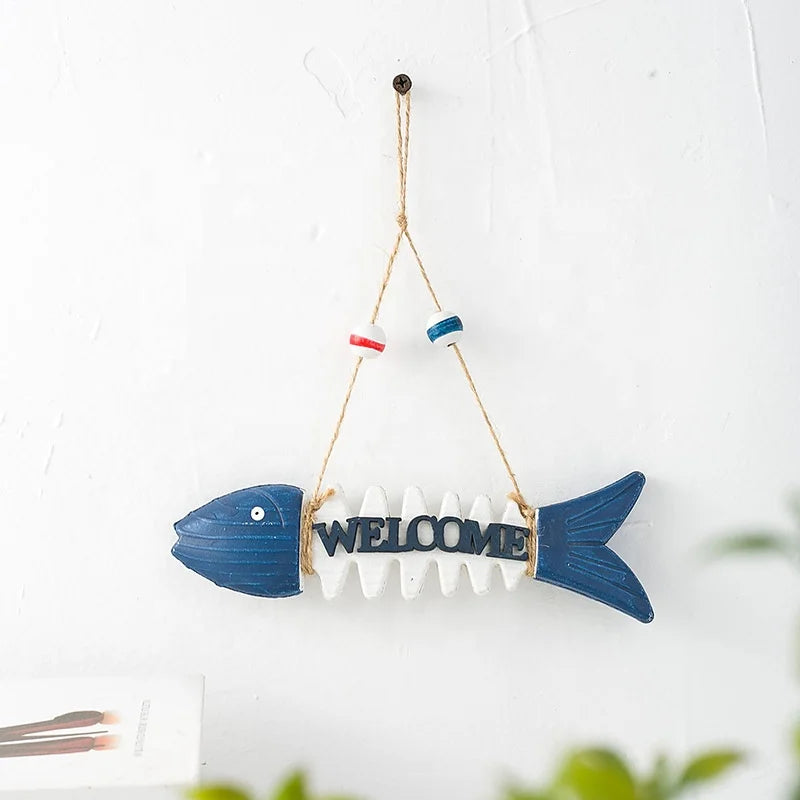 Wooden handicrafts, nautical wooden fish welcome skeleton wall hanging ornaments home door decoration gifts hanging retro wooden plate decoration