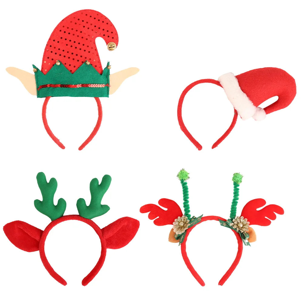 Popular promotion 2025 new beautiful fabric Christmas elf ears elk antlers bells handmade flower red hat headband