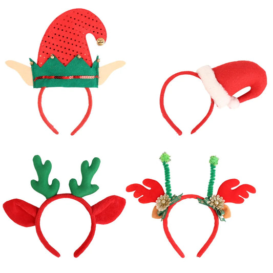 Popular promotion 2025 new beautiful fabric Christmas elf ears elk antlers bells handmade flower red hat headband
