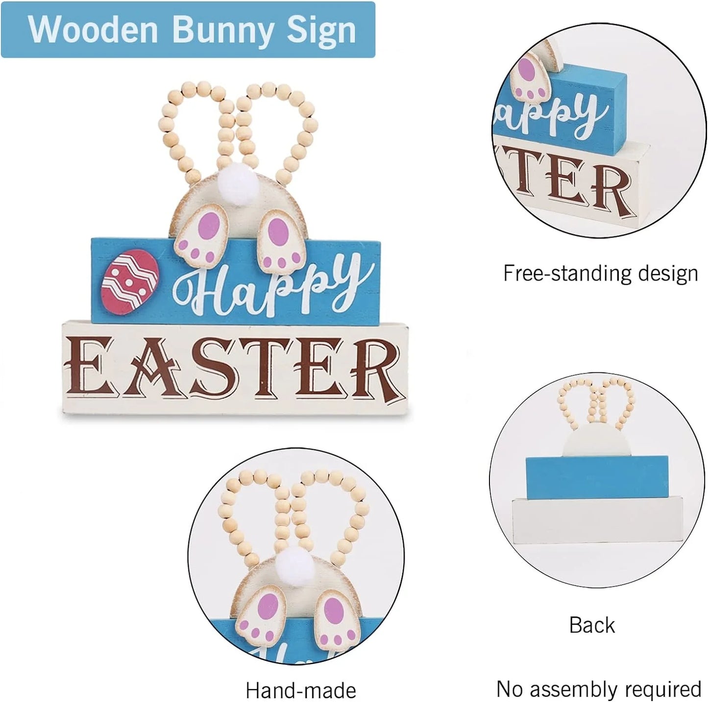 Easter and Thanksgiving 3 Decorations Home Country Spring Happy Easter Bunny Wood Signage Block Decorated with Layered Tray with Eggs and Wood Beads 