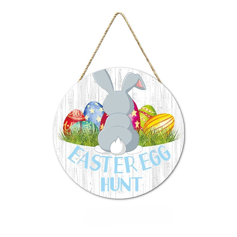 Easter and Thanksgiving 3 New Easter Round Booney Door Pendant Decoration Round Wooden Rabbit Egg Painting Home Crafts Hanging Signs Wall Decoration