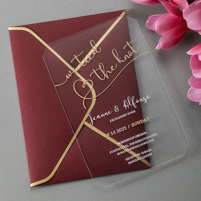 1 Wedding Party 17 * 12 * 0.2 cm Personalized Hot Pick Beautiful Gold Stamped Envlope UV Printing Transparent Acrylic Weeding Invitation Card