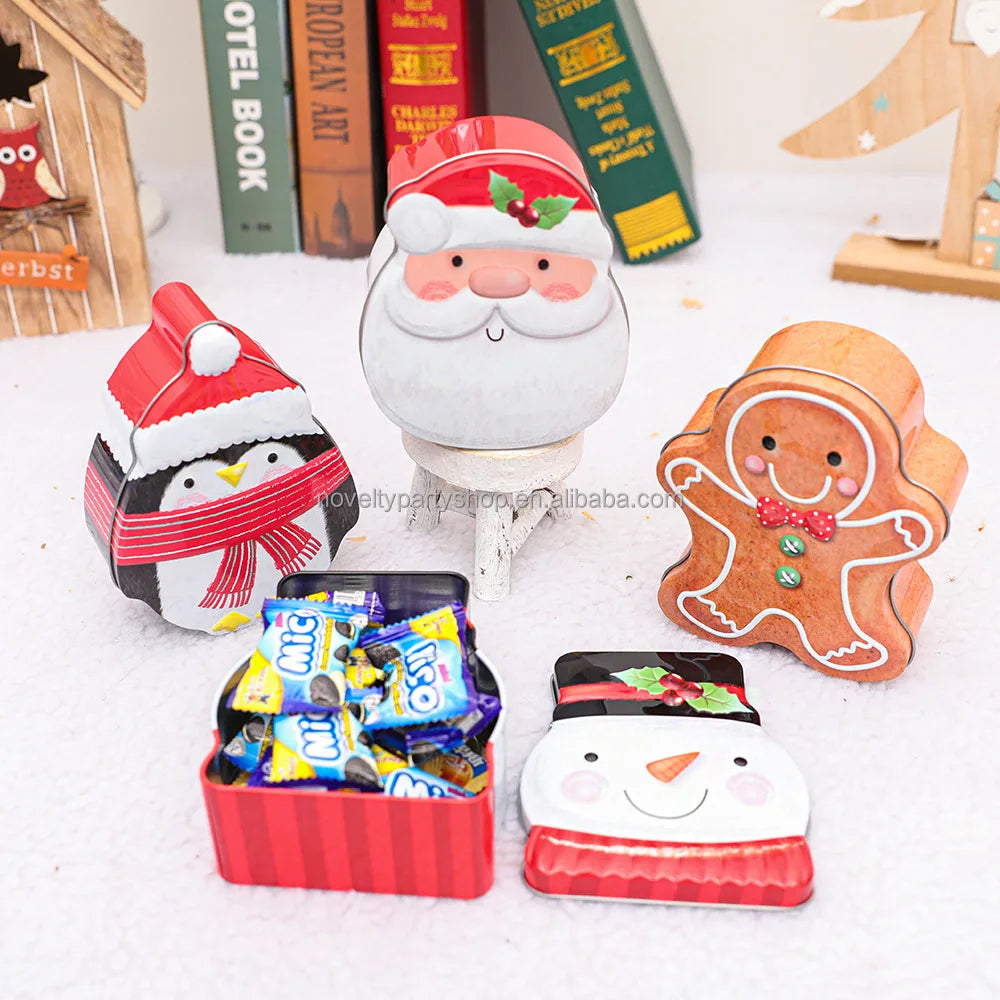 Novelty Christmas Cookie Tools Gingerbread Man Santa and Cartoon Snowman Tin Box Holiday Ornaments Candy Storage