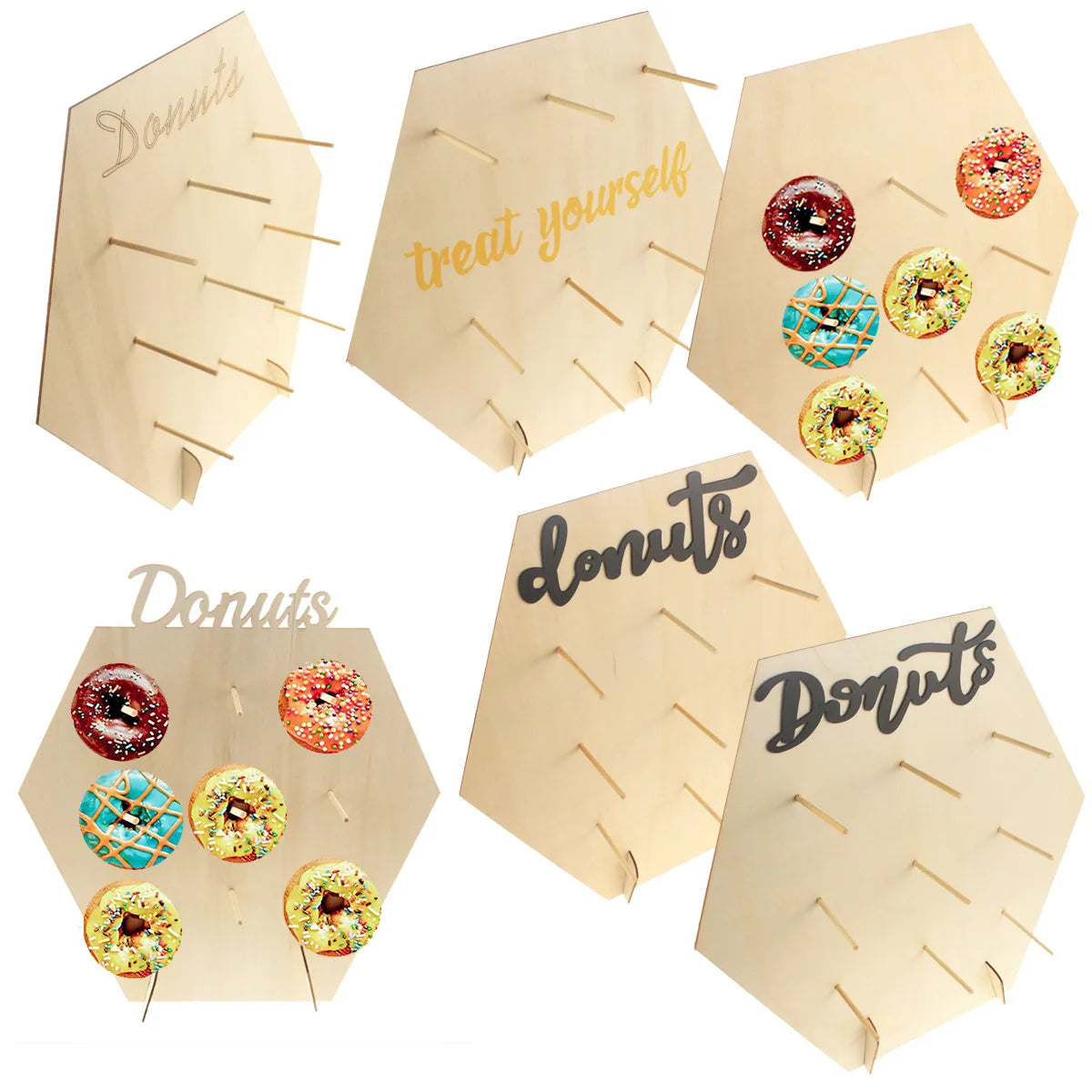 Wooden Crafts, Fashion Hexagonal Wooden Donut Holder Wedding Accessories Birthday Party Home Crafts Wooden Decorations Holder Donut