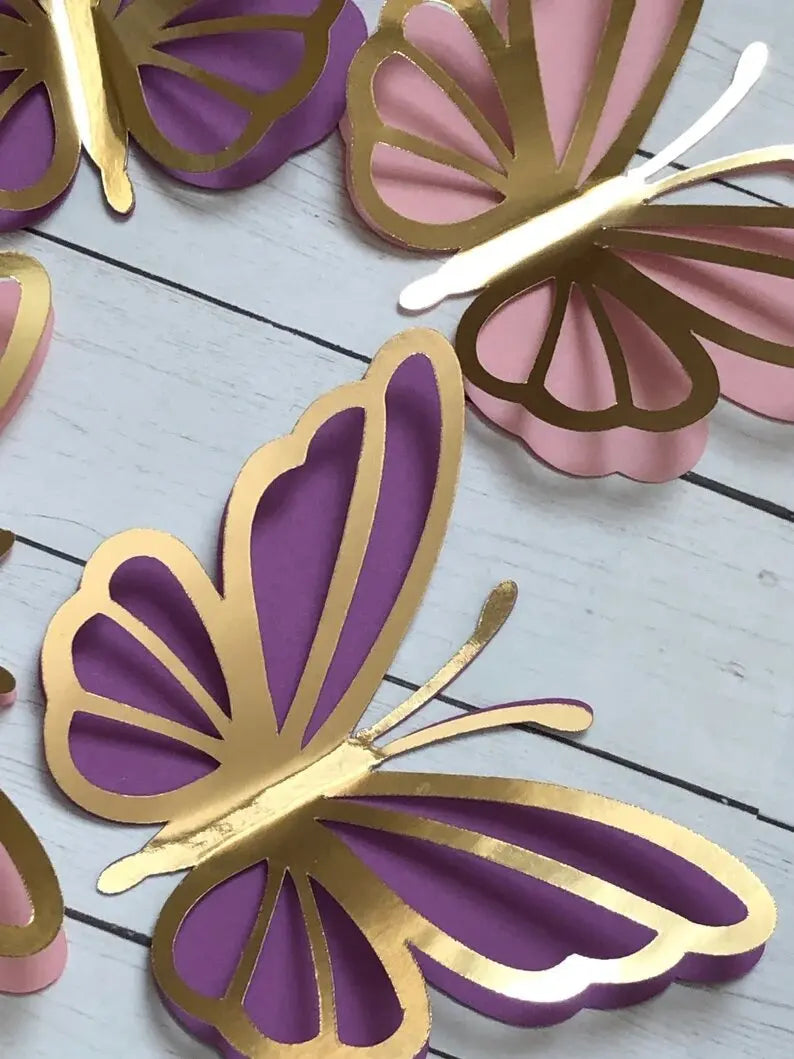 Birthday Party 2 Novelty Butterfly Cupcakes Decoration Pink and Gold Paper Butterfly Stickers Bedroom Hollow Pearl Butterfly Mural Decals