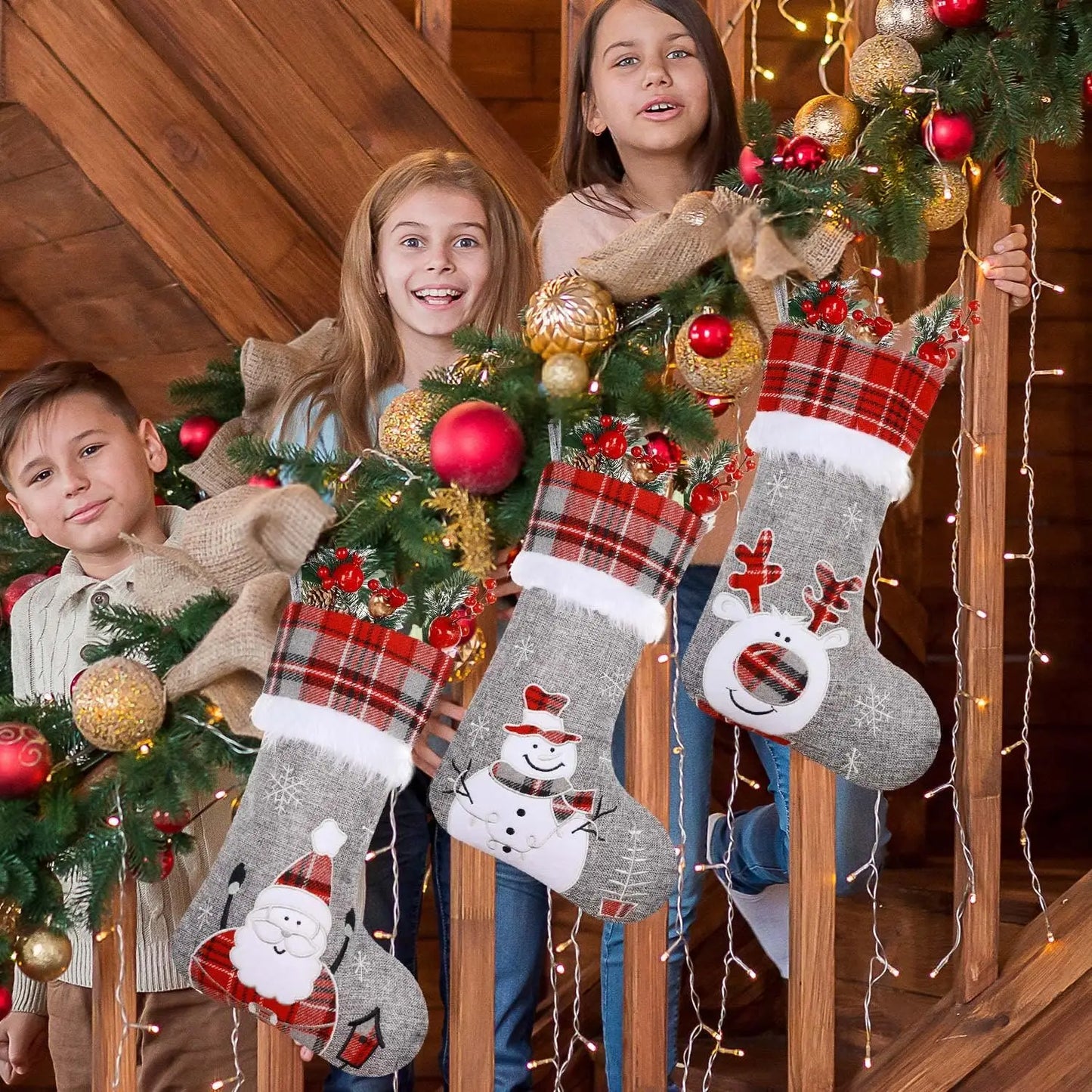 46*30Cm Christmas Decoration Gift Bag Embroidered Santa Claus Plush Large Hanging Socks Burlap Red Gray Checked Christmas Socks 