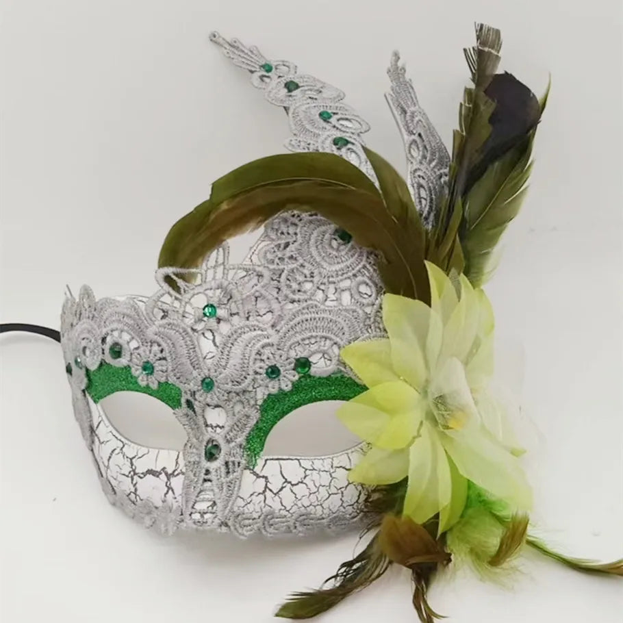 Carnaval Carnival lace mask with flowers and feathers on the side Masquerade mask, Carnival decoration Venice mask Party decoration