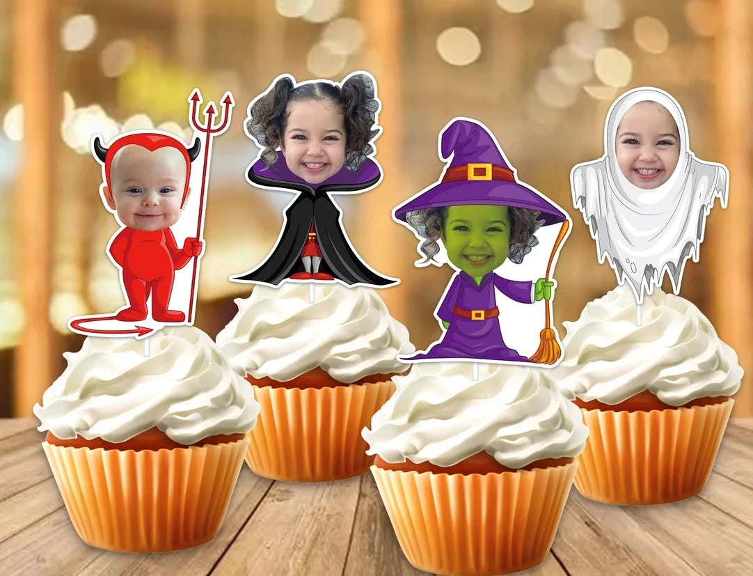 Halloween e Dia dos Mortos 12 peças Padrão Personalizado Festa de Halloween Decoração de Aniversário Rosto Personalizado Foto Cupcake Chapéu Alto Personalizado Cupcake Chapéu Alto de Halloween 