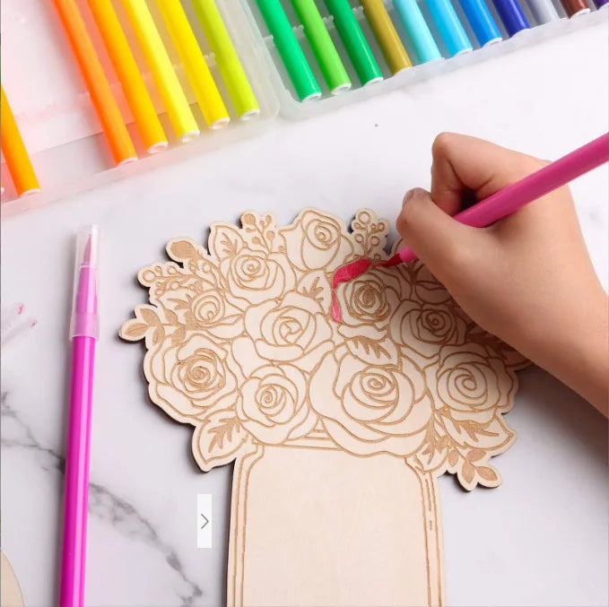 Wooden Crafts, Laser Wood Flower Bouquet Card DIY Flower Blank Children Color Filled Greeting Card Mom Grandma Mother's Day Greeting Card Gifts
