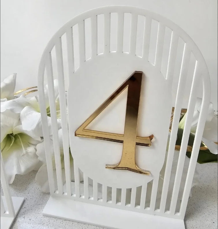 1 Wedding party, unique modern table number Event table number Matt white and gold table number