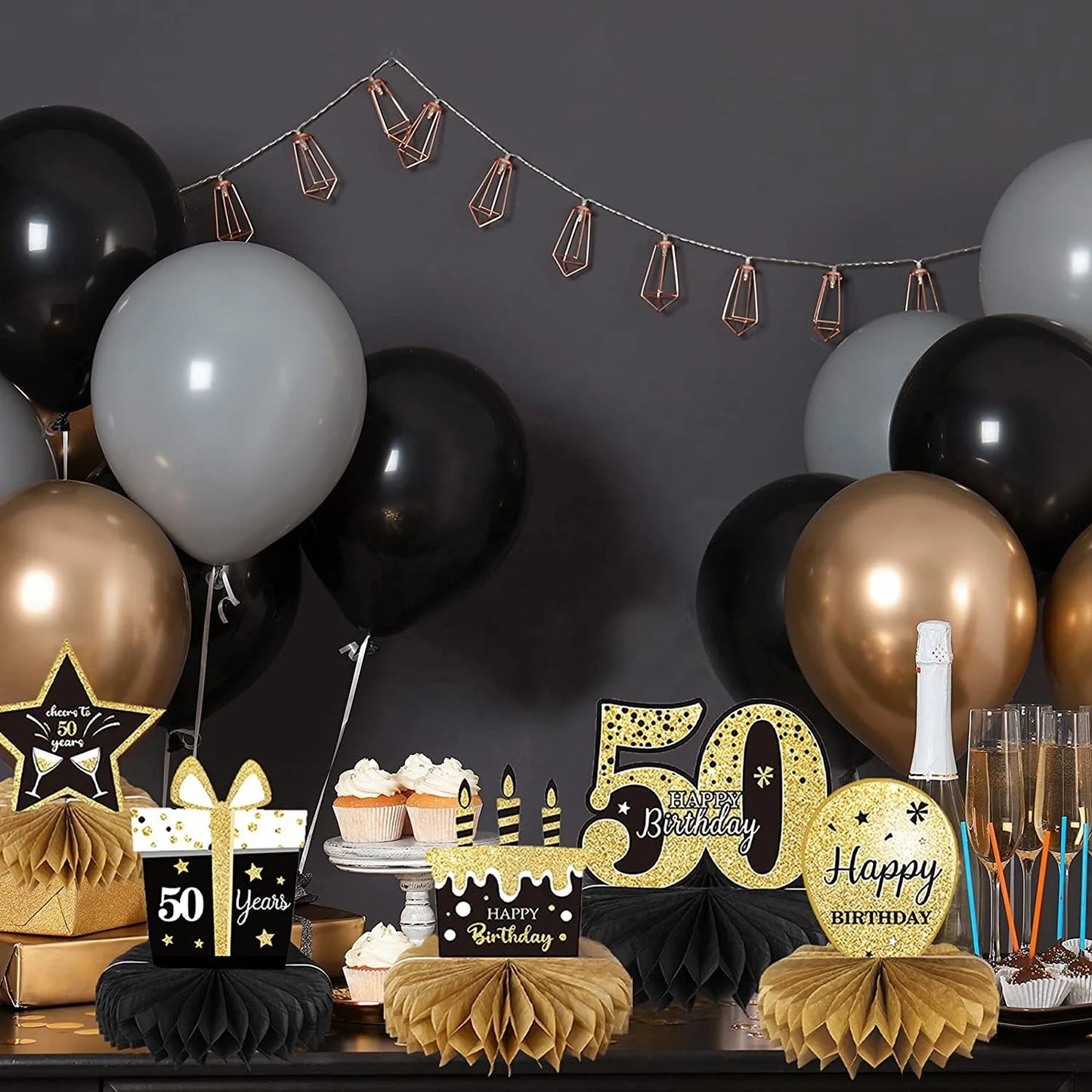 Birthday Party 2 Pieces 50st Honeycomb Center Piece 50st Black Gold Birthday Decoration 50th Honeycomb Men's and Women's Birthday Party Honeycomb