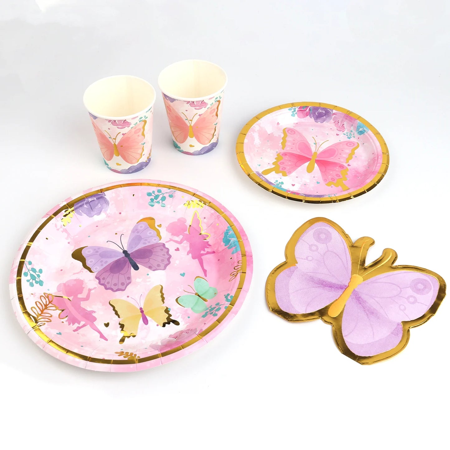 Festa de aniversário 2 convidados, prato de festa de aniversário, canecas, suprimentos descartáveis ​​para festa, prato de borboleta, fada, conjunto de talheres para crianças e despedida de solteira 