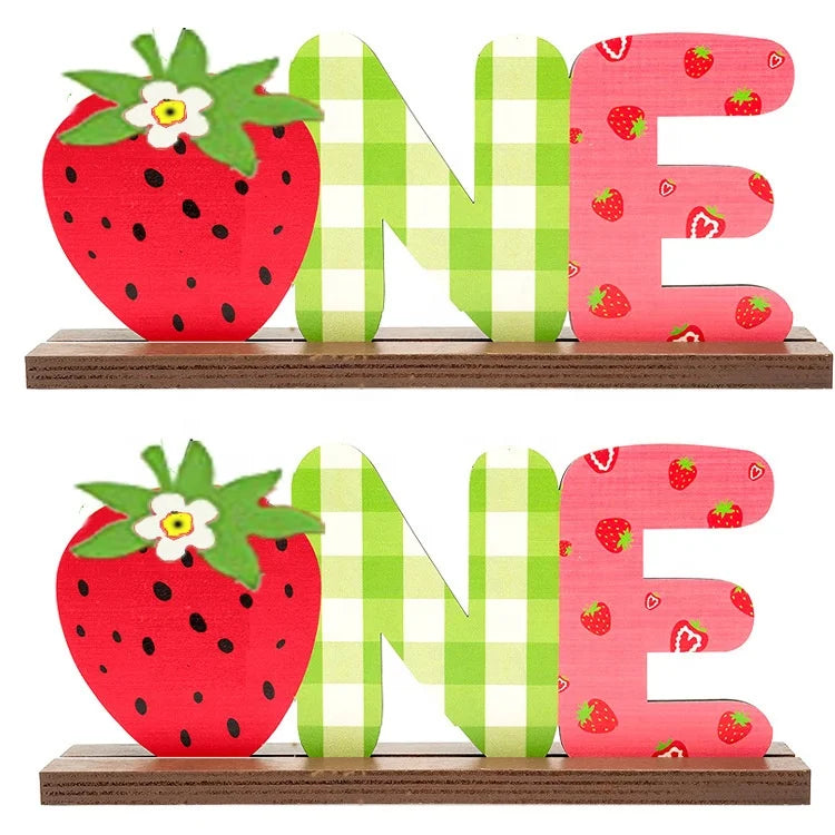 Wooden Crafts, New Creative Wooden Happy Birthday Wooden Sticks Strawberry One Year Old Desktop Decoration Birthday Party Supplies