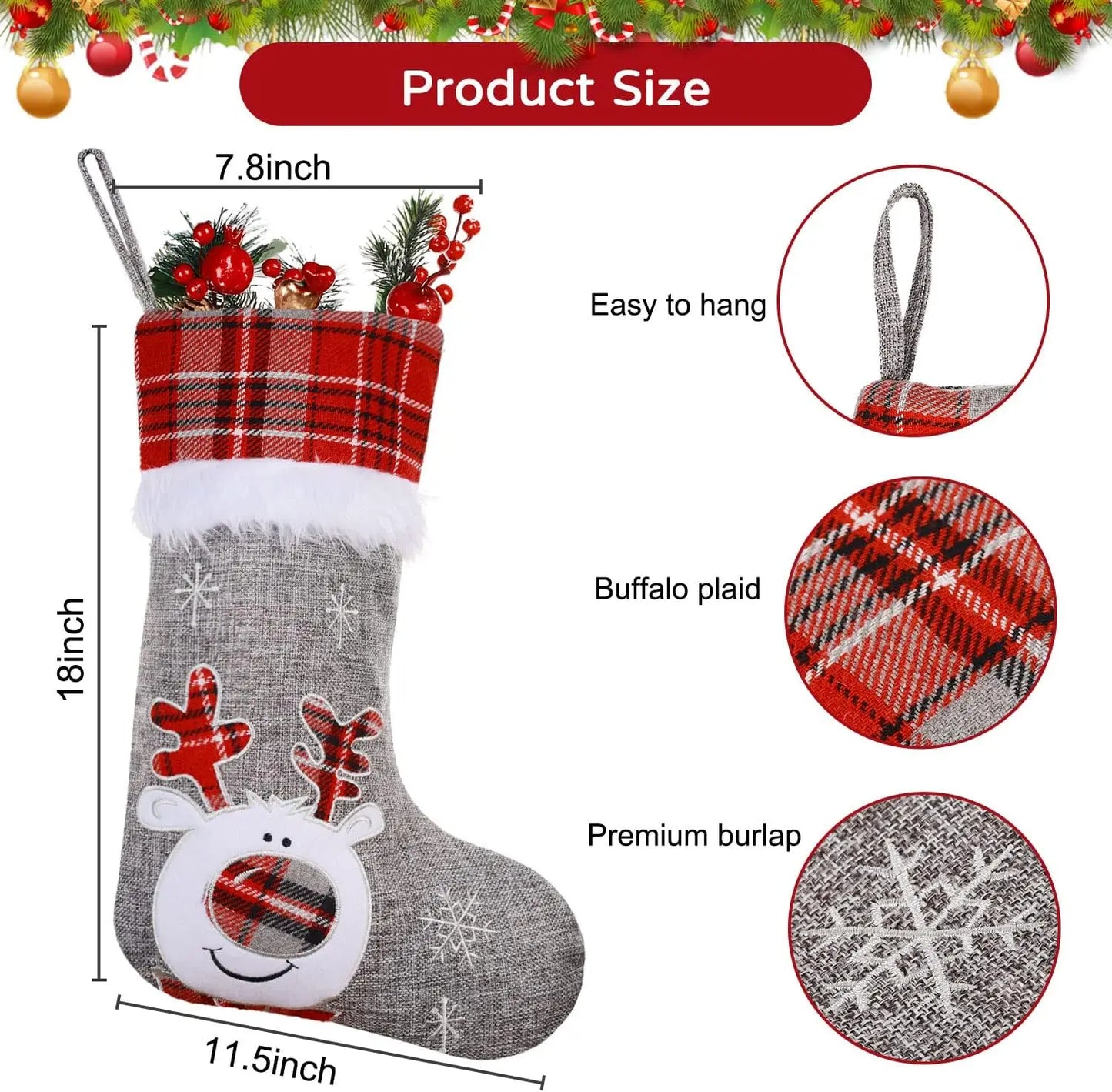 46*30Cm Christmas Decoration Gift Bag Embroidered Santa Claus Plush Large Hanging Socks Burlap Red Gray Checked Christmas Socks 