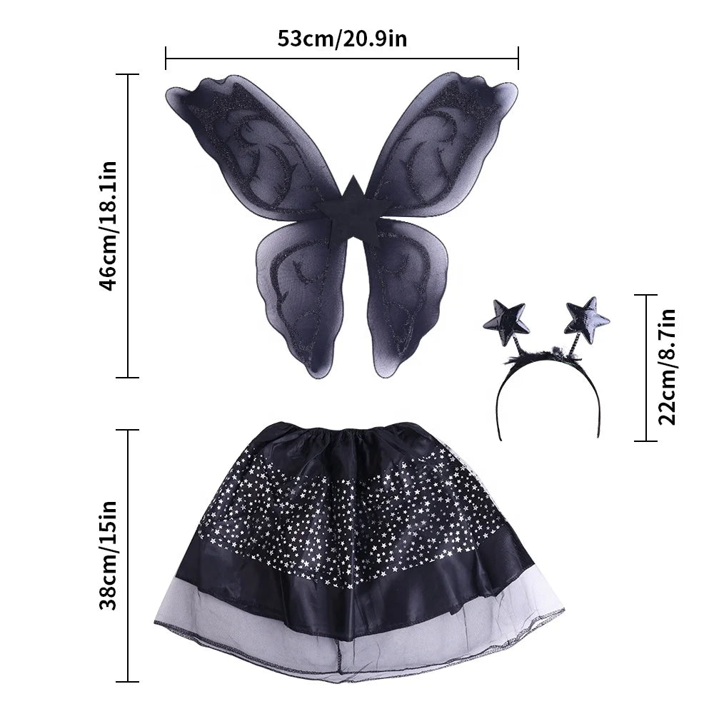 Halloween & Day of the Dead Black Fairy Tutu Wings Headband Dress Up Set Black Butterfly Costume Halloween Girl Costume