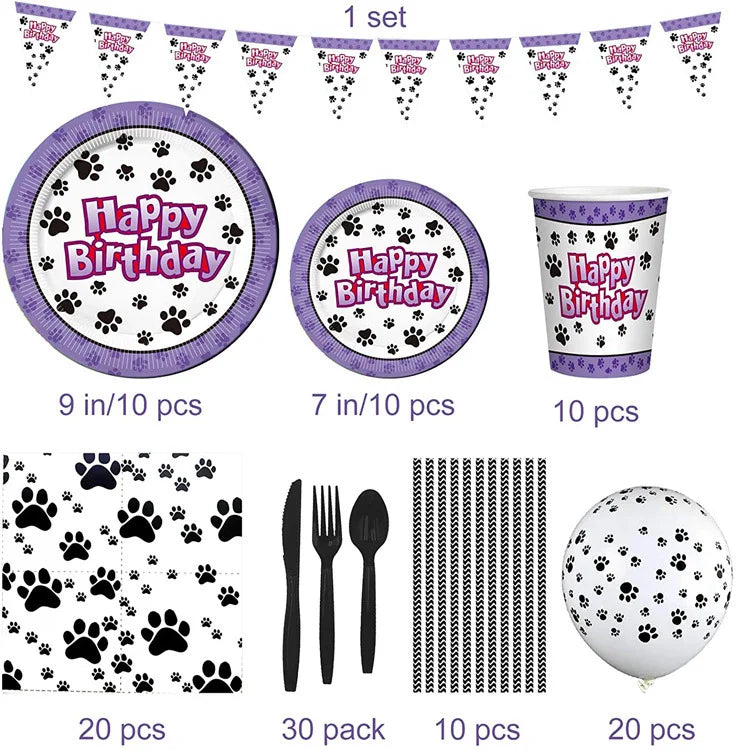 Birthday Party 2 Pet Birthday Theme Party Decoration Dog Paw Tableware Paper Plate Cup Napkin Banner Set Party Supplies Severs 10 Guests