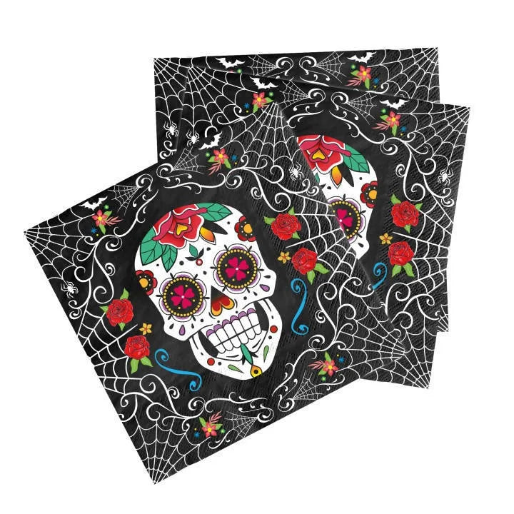Halloween & Day of the Dead 16 Guests Multicolor Dead Candy Skull Black Charger Set Carnival Party Supplies Halloween Disposable Cutlery Set