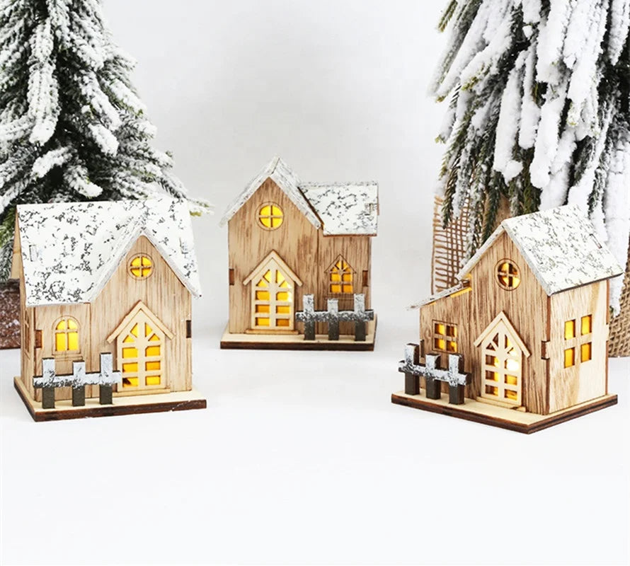 Christmas Wooden Hollow Snow Emitting House Holiday Home Decoration Christmas Wooden Light Emitting Diode Lighting Cabin Table Ornament