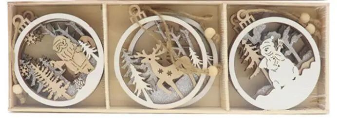 Laser 3D printing Christmas hollow round wooden pendant creative Christmas elk snowman Christmas tree wooden pendant
