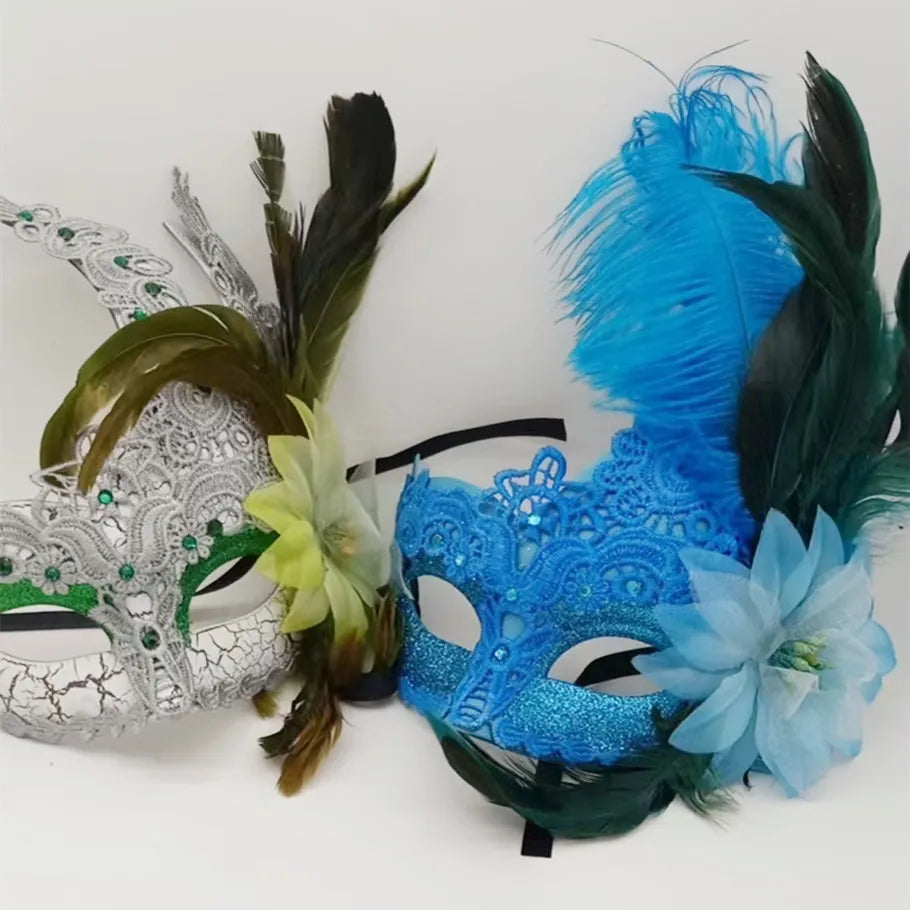 Carnaval Carnival lace mask with flowers and feathers on the side Masquerade mask, Carnival decoration Venice mask Party decoration