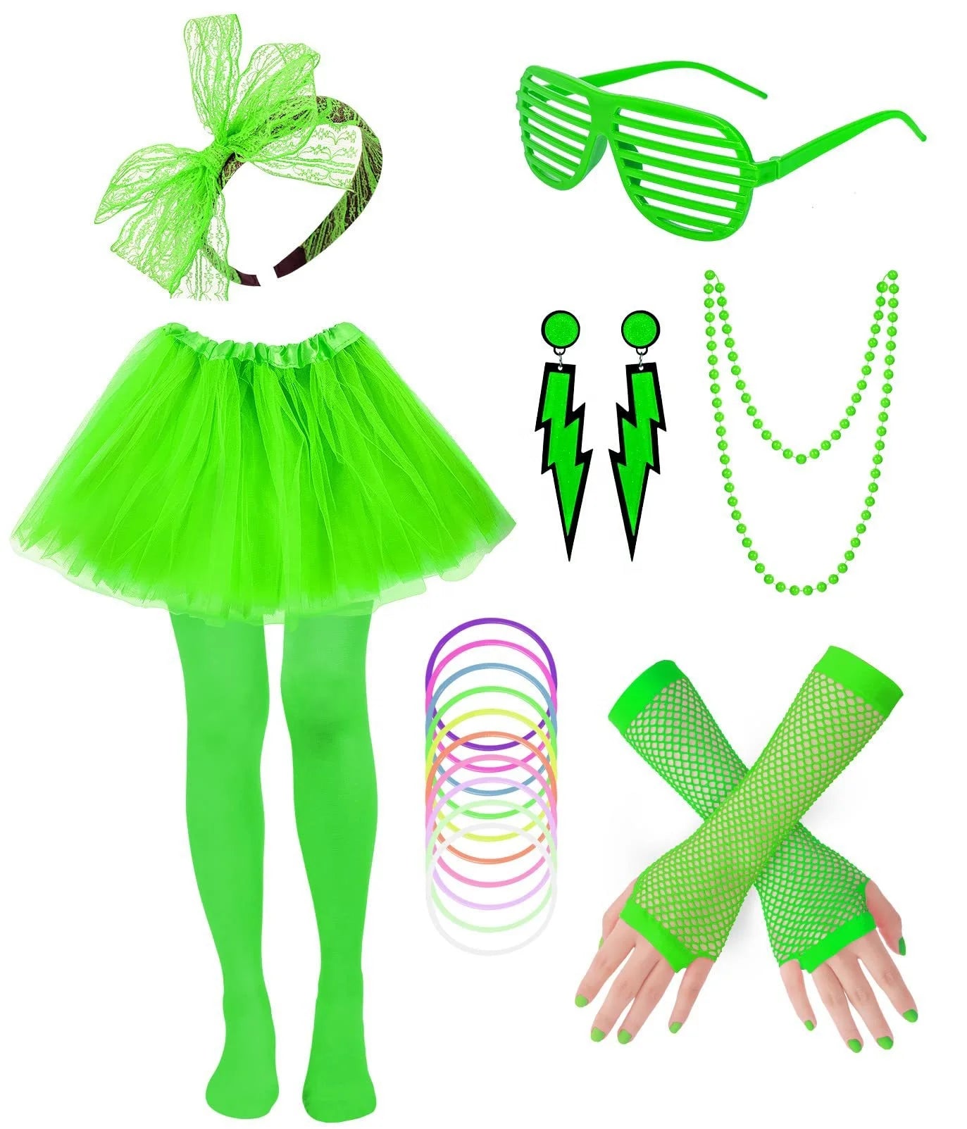 Girls Children's Clothing Accessories Neon Necklace Blinds Glasses Earrings Fishnet Gloves Leggings Skirt Set