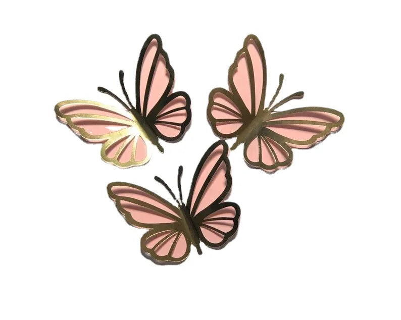 Birthday Party 2 Novelty Butterfly Cupcakes Decoration Pink and Gold Paper Butterfly Stickers Bedroom Hollow Pearl Butterfly Mural Decals
