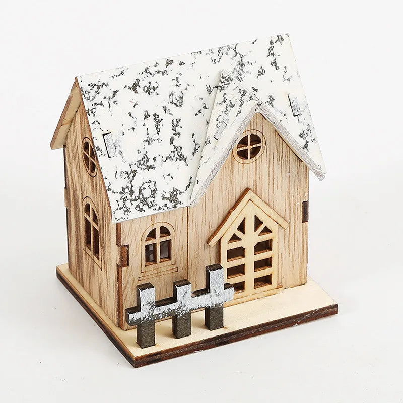 Christmas Wooden Hollow Snow Emitting House Holiday Home Decoration Christmas Wooden Light Emitting Diode Lighting Cabin Table Ornament