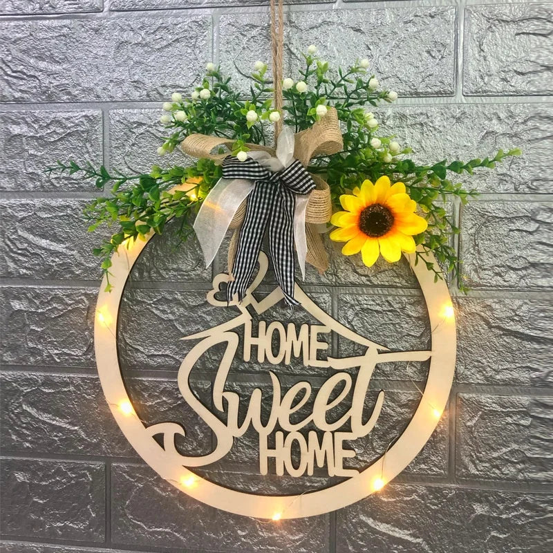 New Christmas Hollow Wreath with Light Wooden Signs Home Decoration Welcome House Number Christmas Wooden Round Door Decoration 
